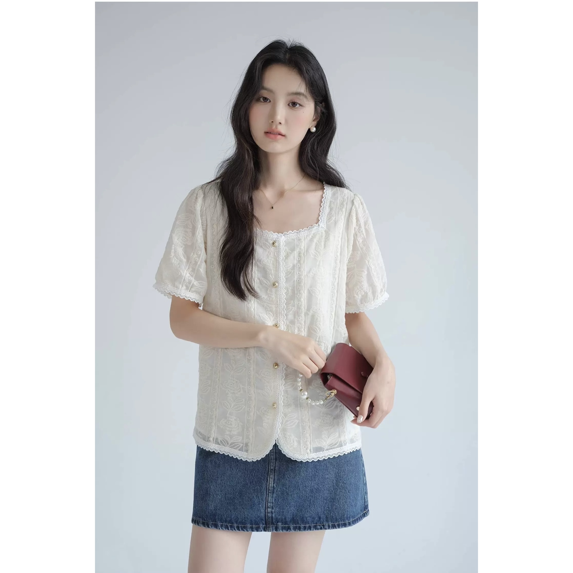 大码女装短袖衬衫女2025夏季新款重工蕾丝刺绣质感带里衬上衣8222