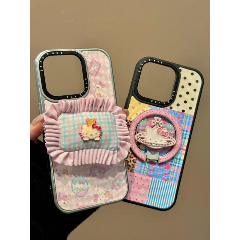 卡通粉白格纹枕头猫咪皮纹磁吸适用iPhone17promax苹果16手机壳15