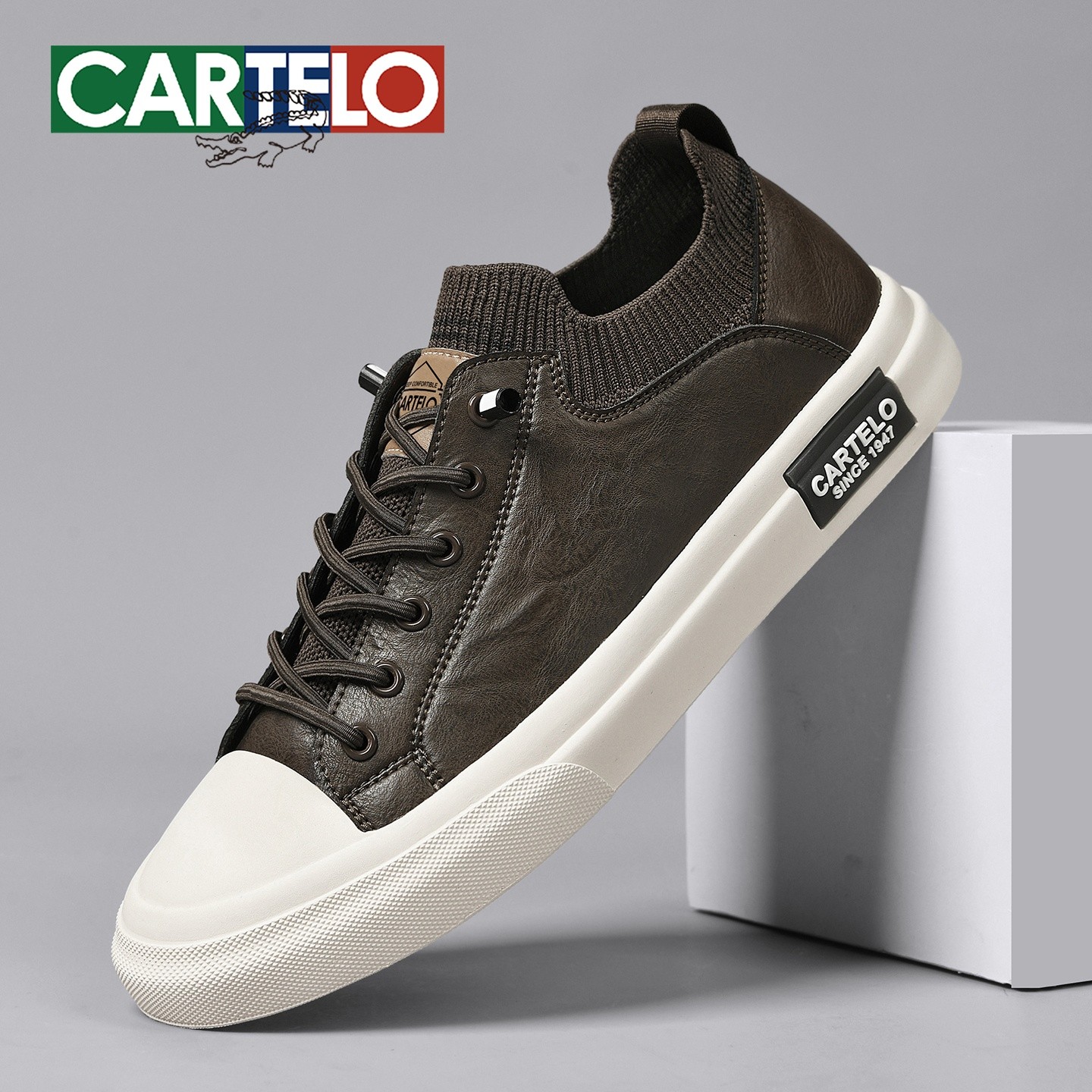 【新品】卡帝乐鳄鱼2025休闲男鞋秋冬时尚牛皮透气潮流百搭飞织板鞋
