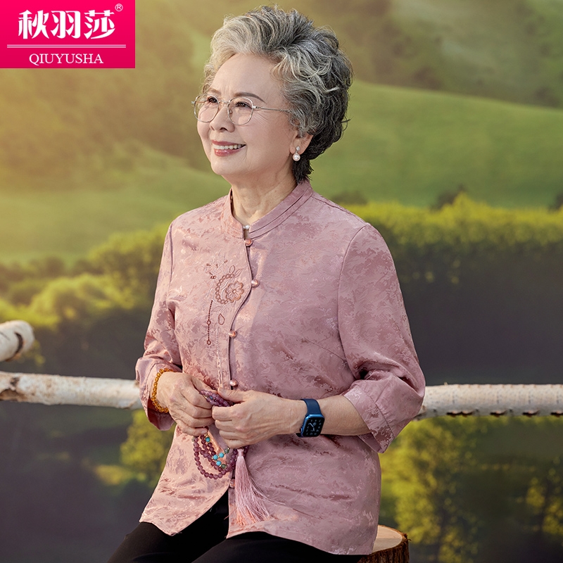 新款中老年人夏装女奶奶上衣中式国风衬衣老太太妈妈宽松刺绣衬衫
