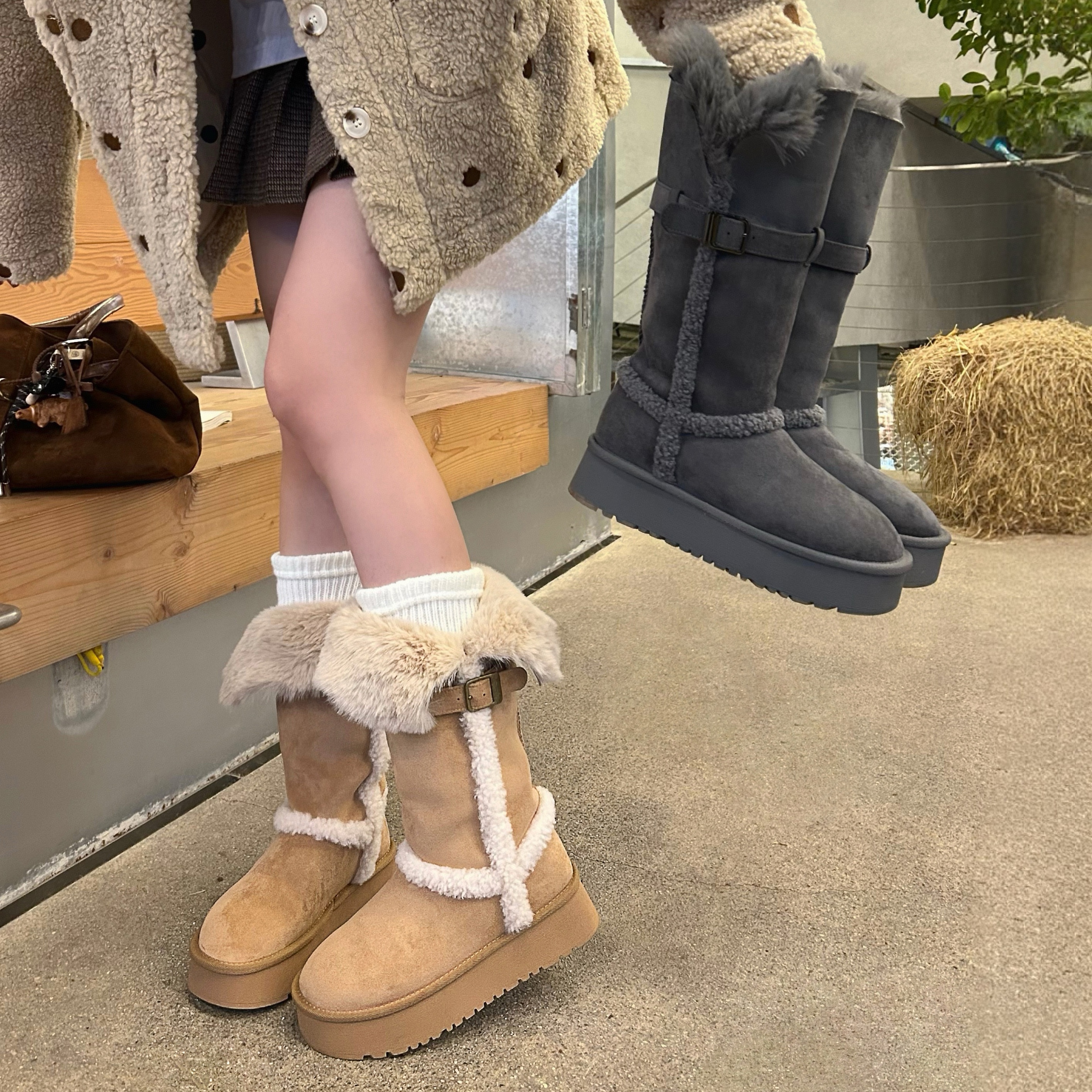 长筒厚底增高雪地靴女2025新款翻折两穿毛毛短靴加绒加厚保暖棉鞋