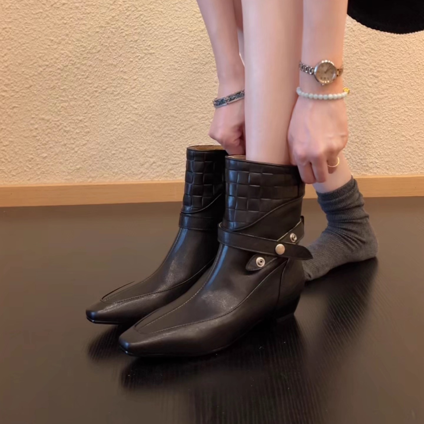 Pokoy-3cm女复古百搭气质中筒靴秋冬季时尚不过膝骑士靴