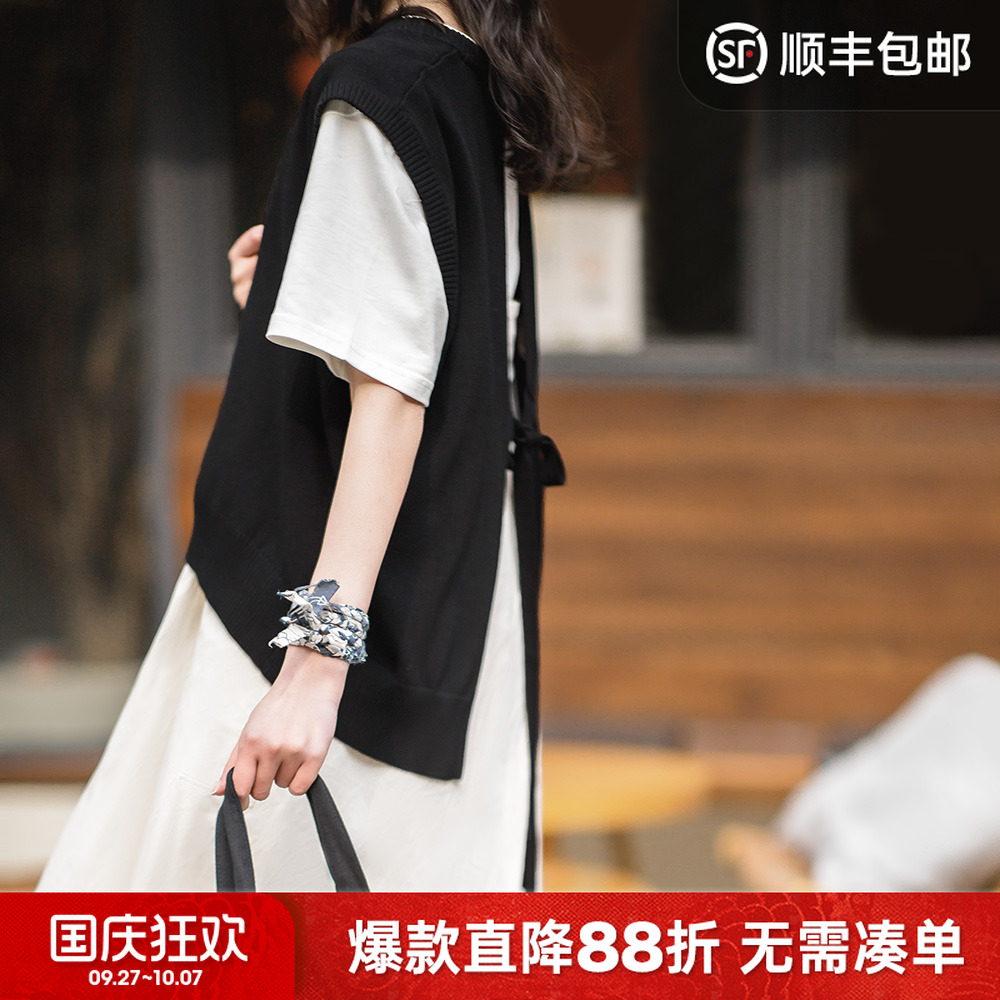 马登法式露背绑带叠穿针织马甲毛衣背心坎肩百搭上衣宽松显瘦秋女