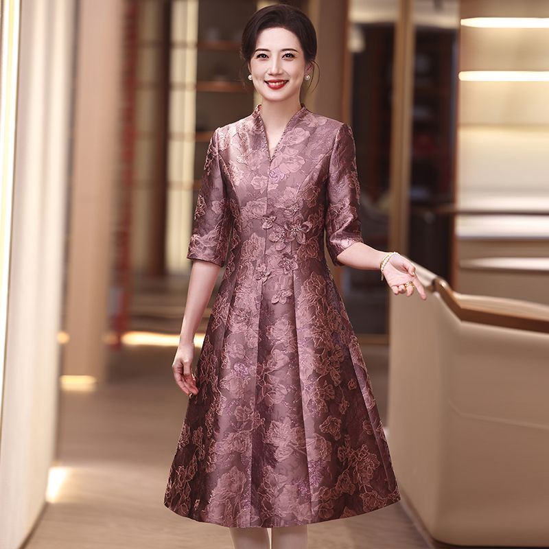 高档喜婆婆喜妈妈婚宴春装紫色V领连衣裙A字裙伞裙礼服高端中长款