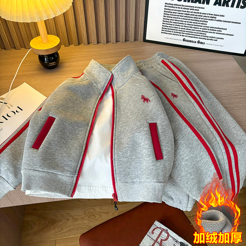 儿童加绒运动套装秋冬款2025新款男童一体绒保暖拉链卫衣长裤童装