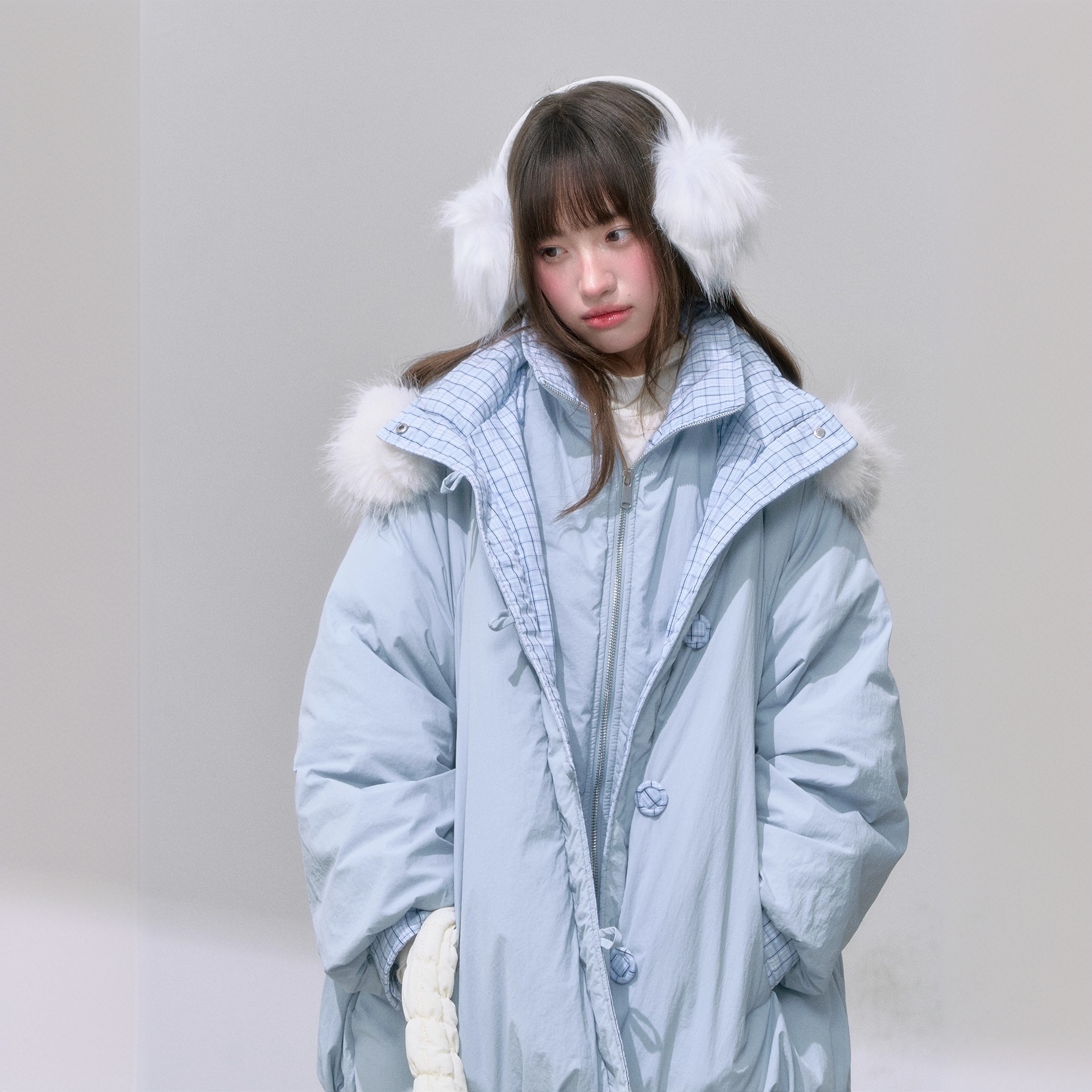 冬季新款'雪境叠影'秋冬蓝色假两件高个子连帽毛领花苞棉服外套女