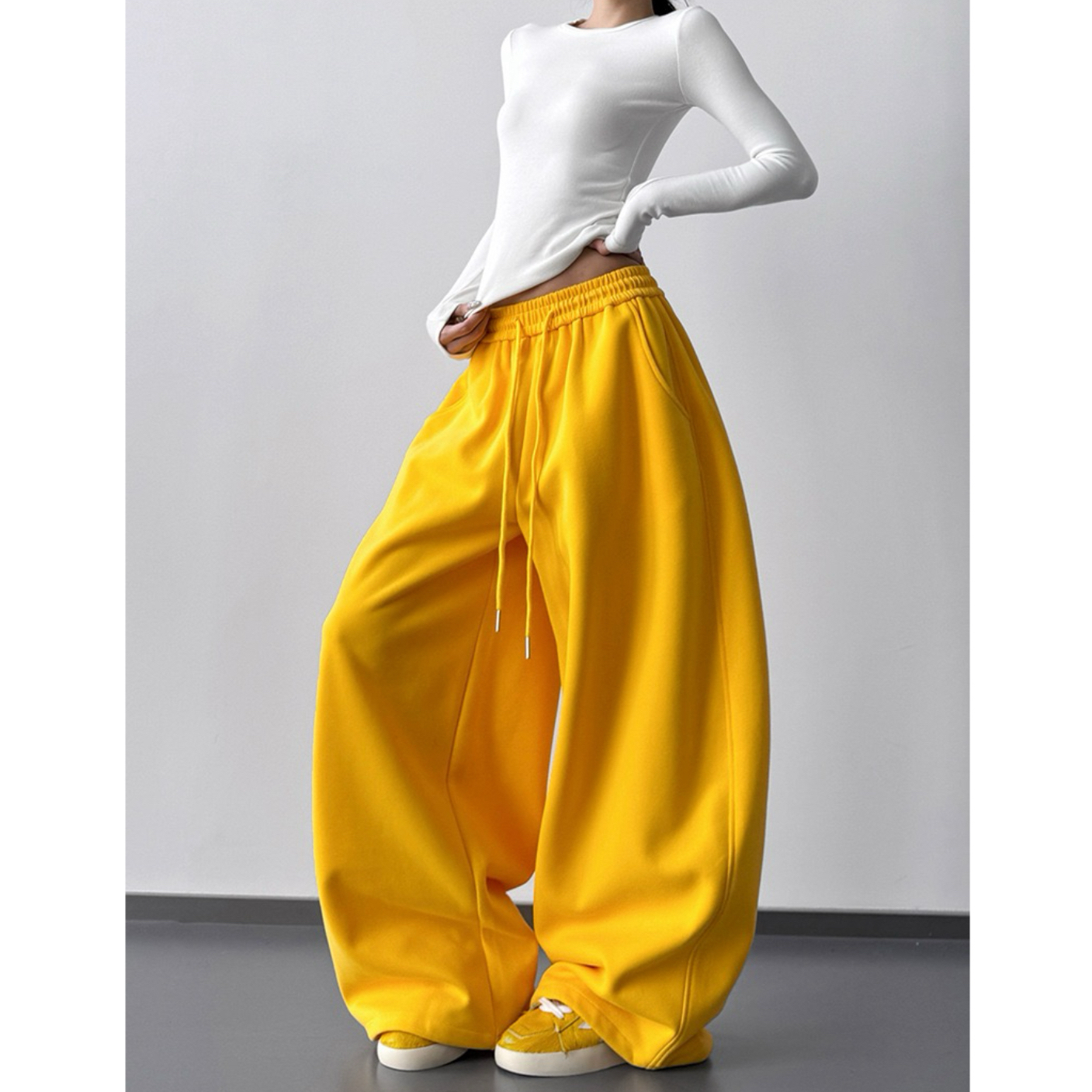 美式黄色舞蹈运动裤女2025新款高腰直筒宽松休闲卫裤工装阔腿裤子
