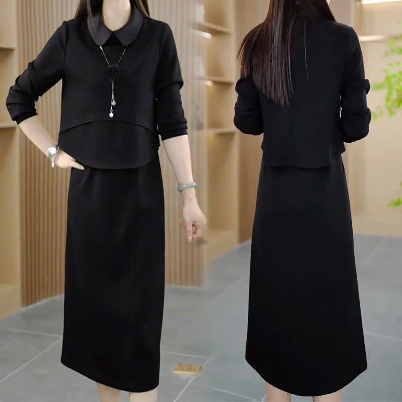 2026春季新款时尚轻奢休闲套装裙黑色长袖上衣+背心连衣裙两件套