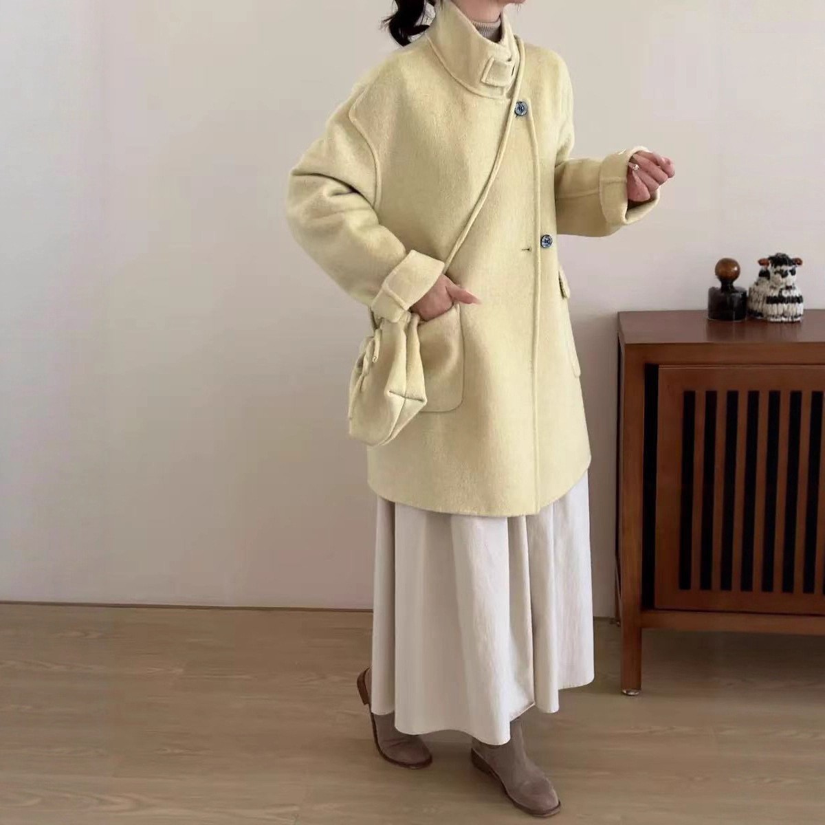 秋冬新款带包包双面羊毛大衣小个子中长款宽松时尚毛呢立领外套