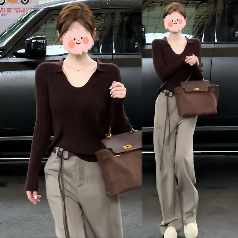 2025早秋新款轻奢高级感竖坑条纹长袖毛织上衣垂坠感直筒长裤套装