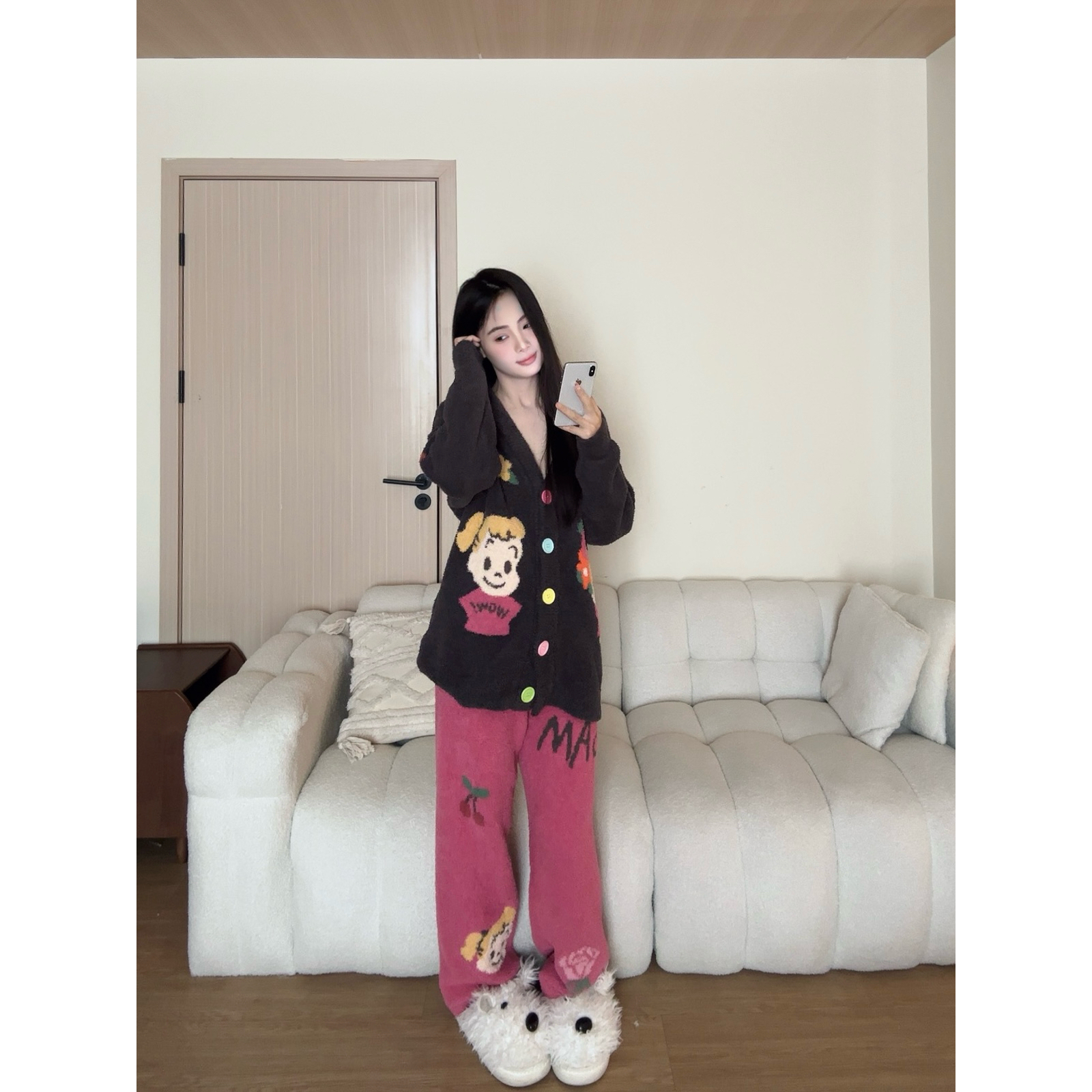 甜美可爱卡通慵懒感半边绒睡衣女秋冬新款加厚保暖针织家居服套装