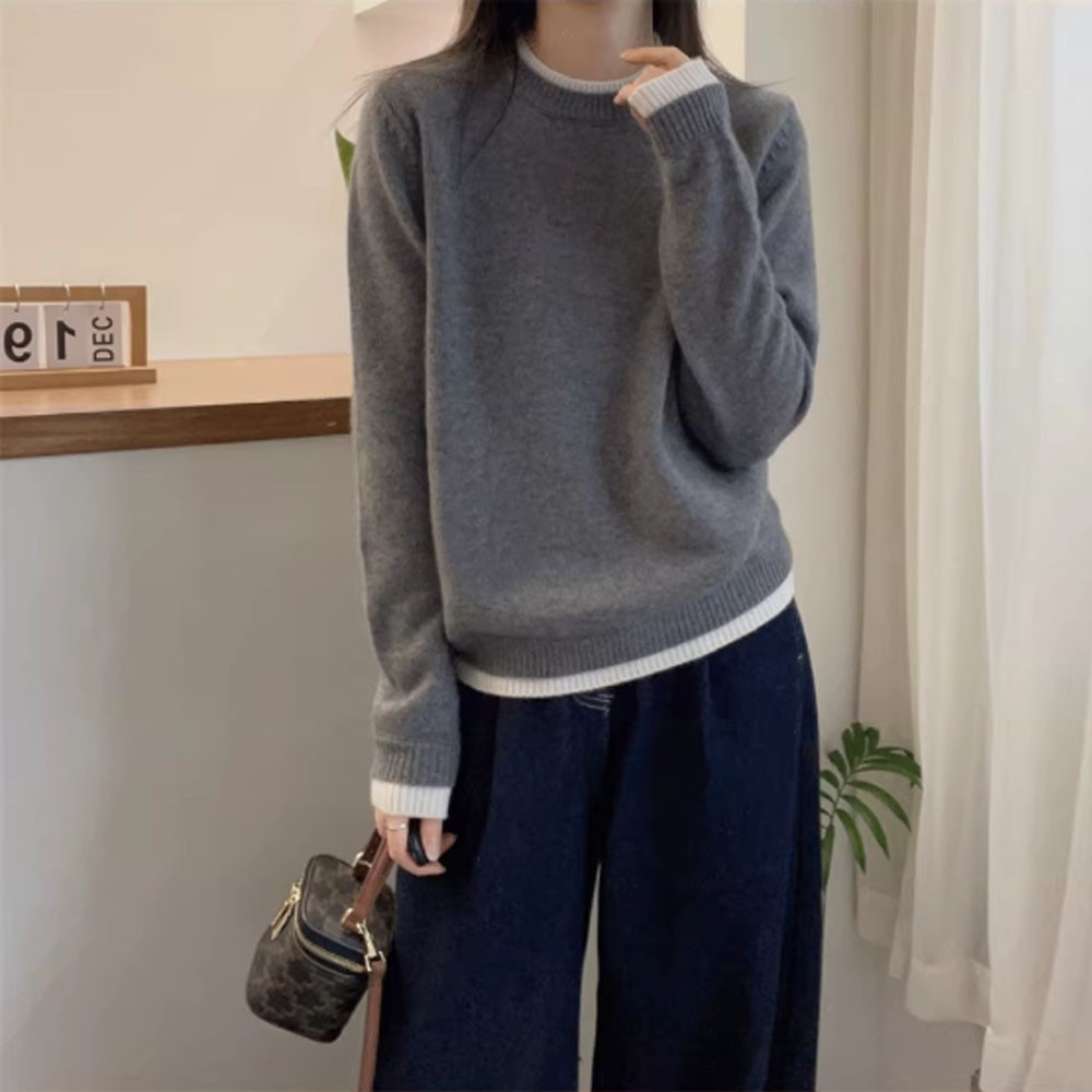保暖内搭拼色圆领假两件打底毛衣女士秋冬新款洋气减龄软糯上衣