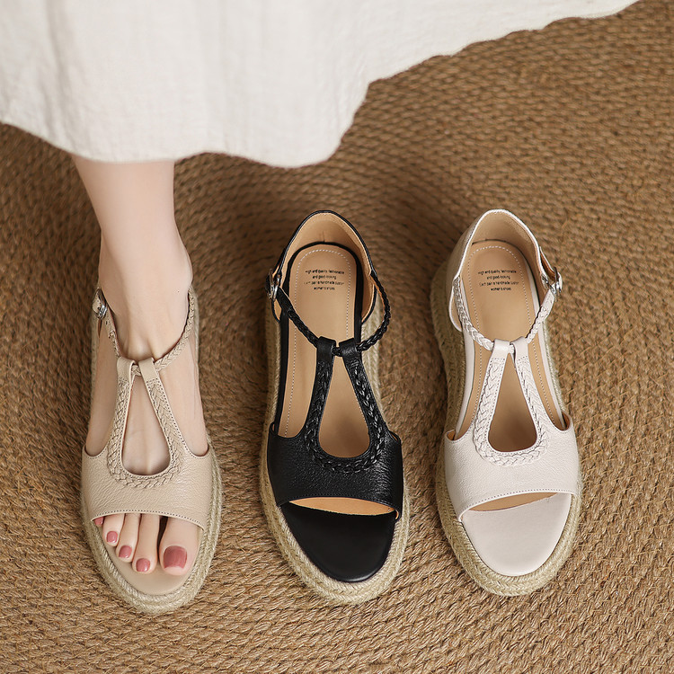 头层牛皮草编凉鞋女款2025新款爆款百搭鞋子舒适厚底露趾夏季凉鞋