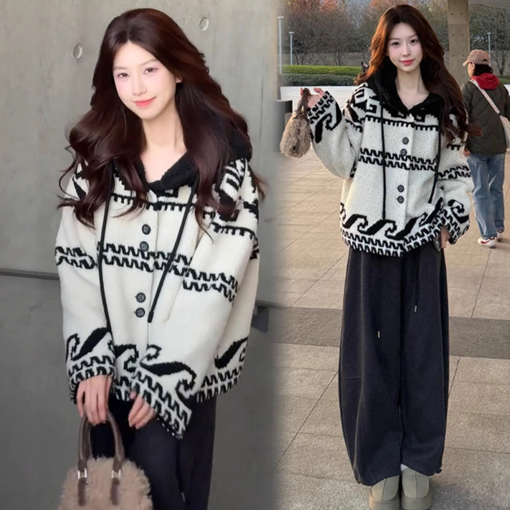 加棉加厚毛呢外套女2025冬季新款洋气宽松显瘦保暖休闲连帽棉袄潮