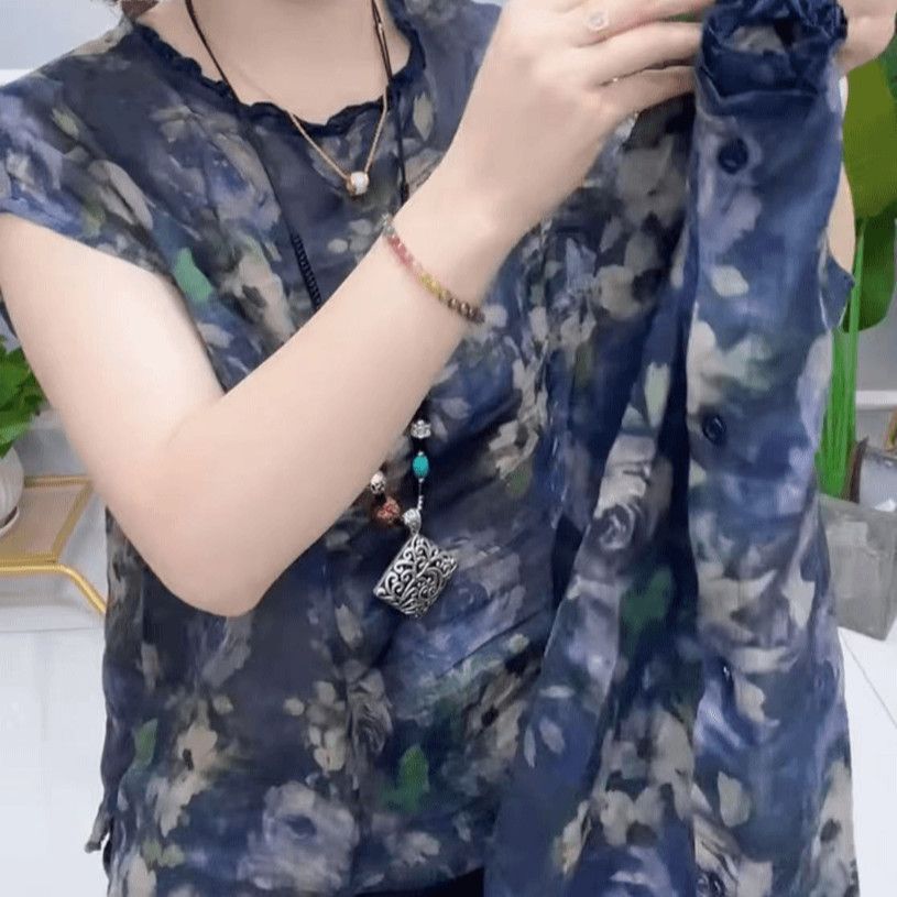 夏装薄款中年女士波浪圆领拼接短袖上衣宽松遮肉减龄新款T恤小衫