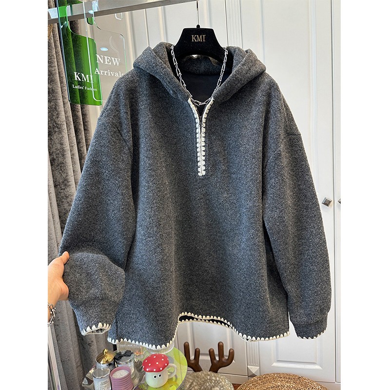 大码女装胖mm240斤别致花边半拉链连帽加绒卫衣女冬宽松保暖上衣