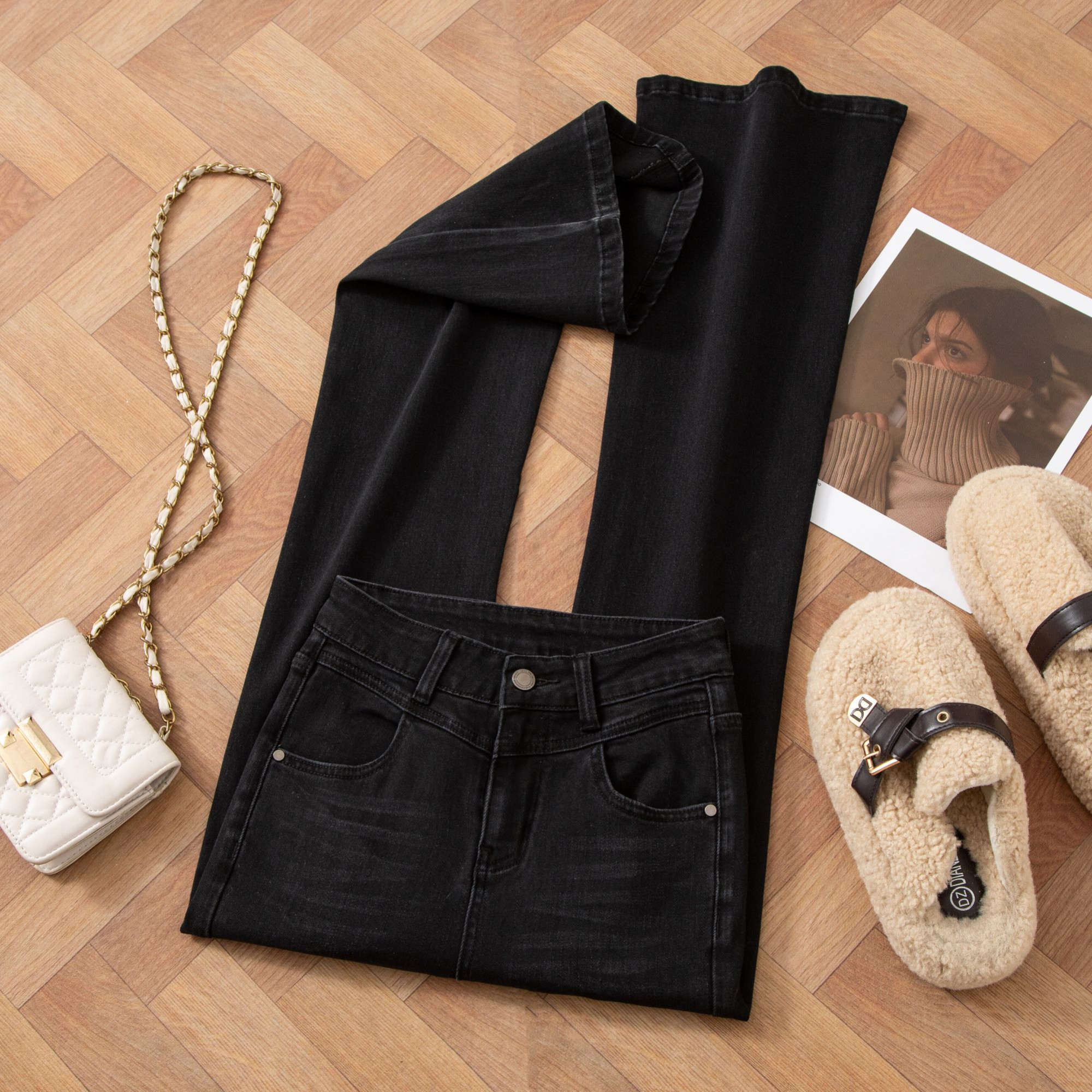 【古早千金】黑灰色四面弹牛仔裤女高腰修身显瘦提臀喇叭裤1157