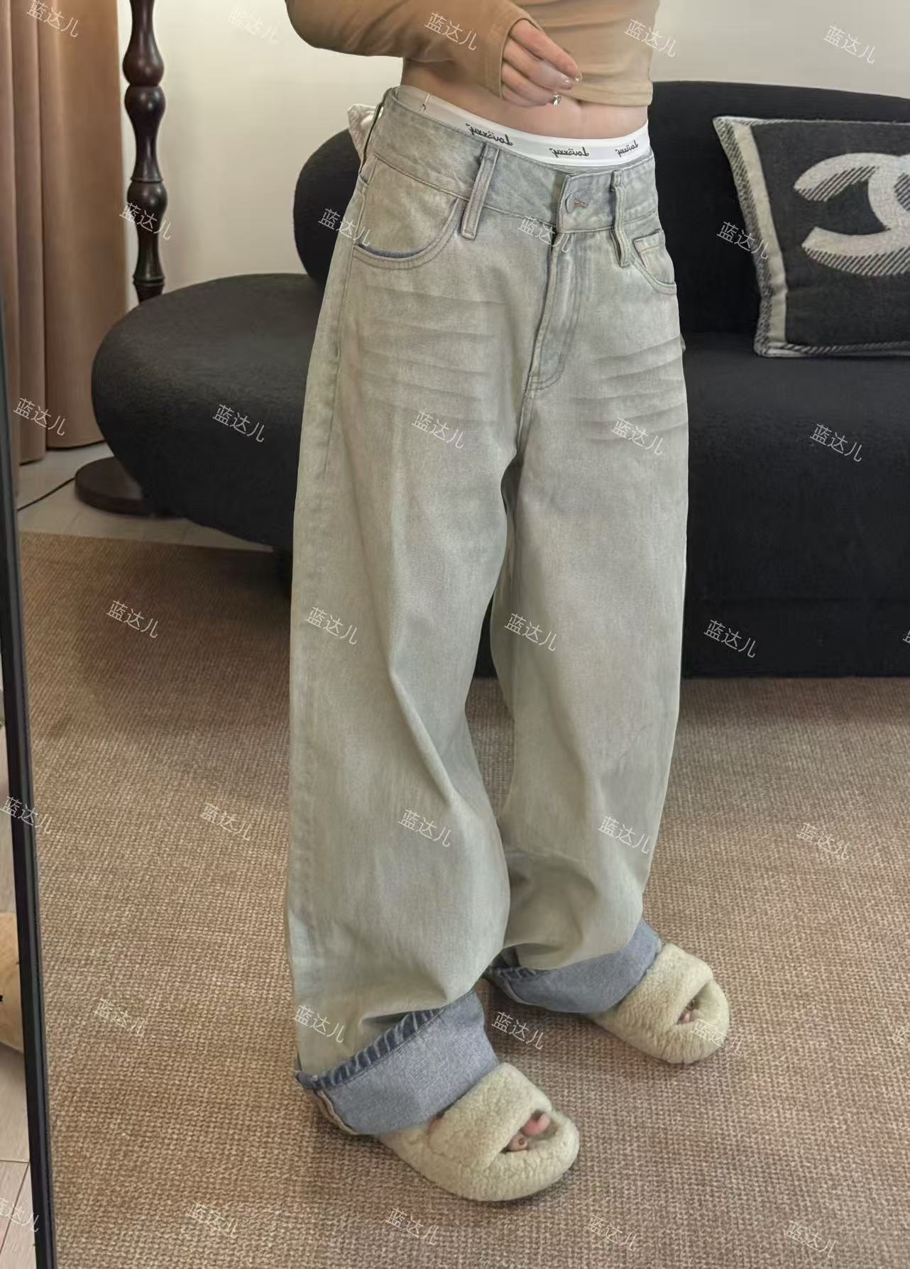 蓝达儿【重磅灰牛仔】美式复古中低腰慵懒风设计感宽松大版牛仔裤