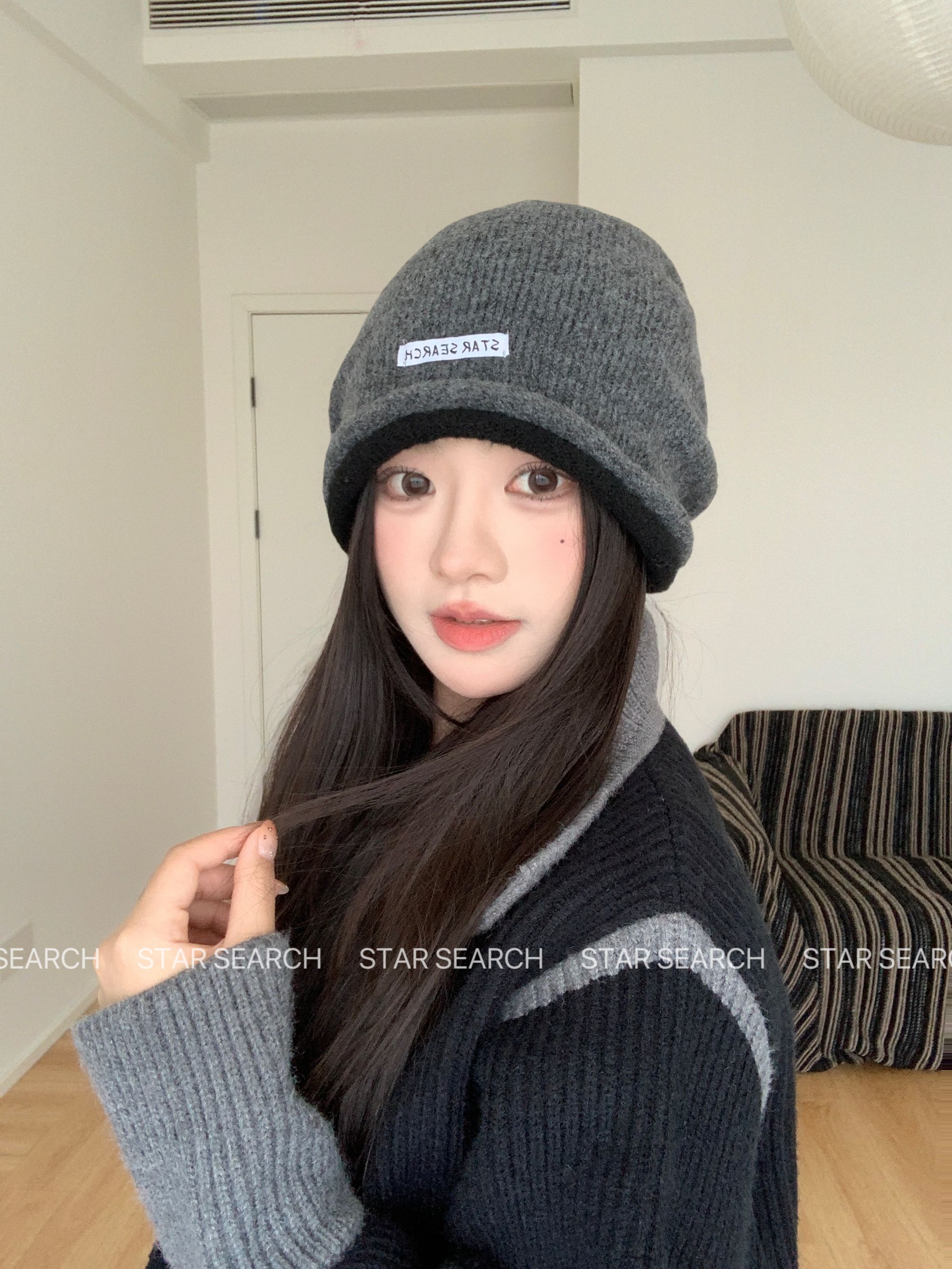 韩系百搭灰色针织毛线帽女秋冬冷帽大头围保暖帽子卷边拼色堆堆帽