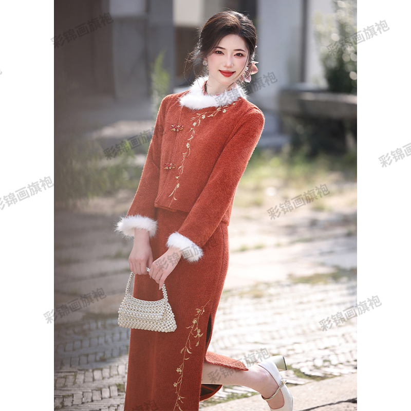 旗袍冬款加绒加厚女款新中式冬季中国风套装爆款2025新款日常可穿