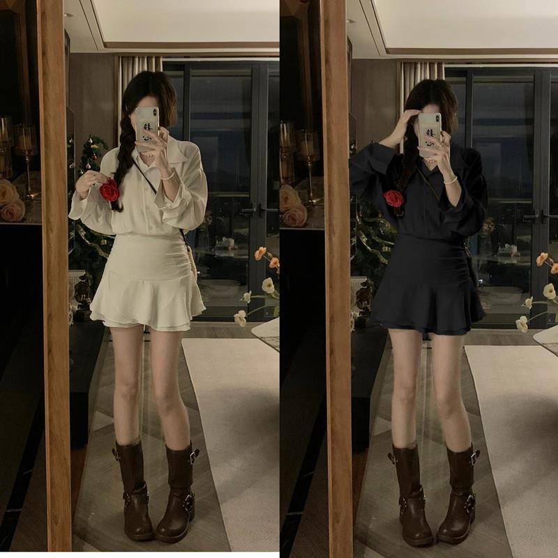 大尺码赫本风假两件洋装女春季收腰显瘦衬衫裙胖mm辣妹包臀短裙子