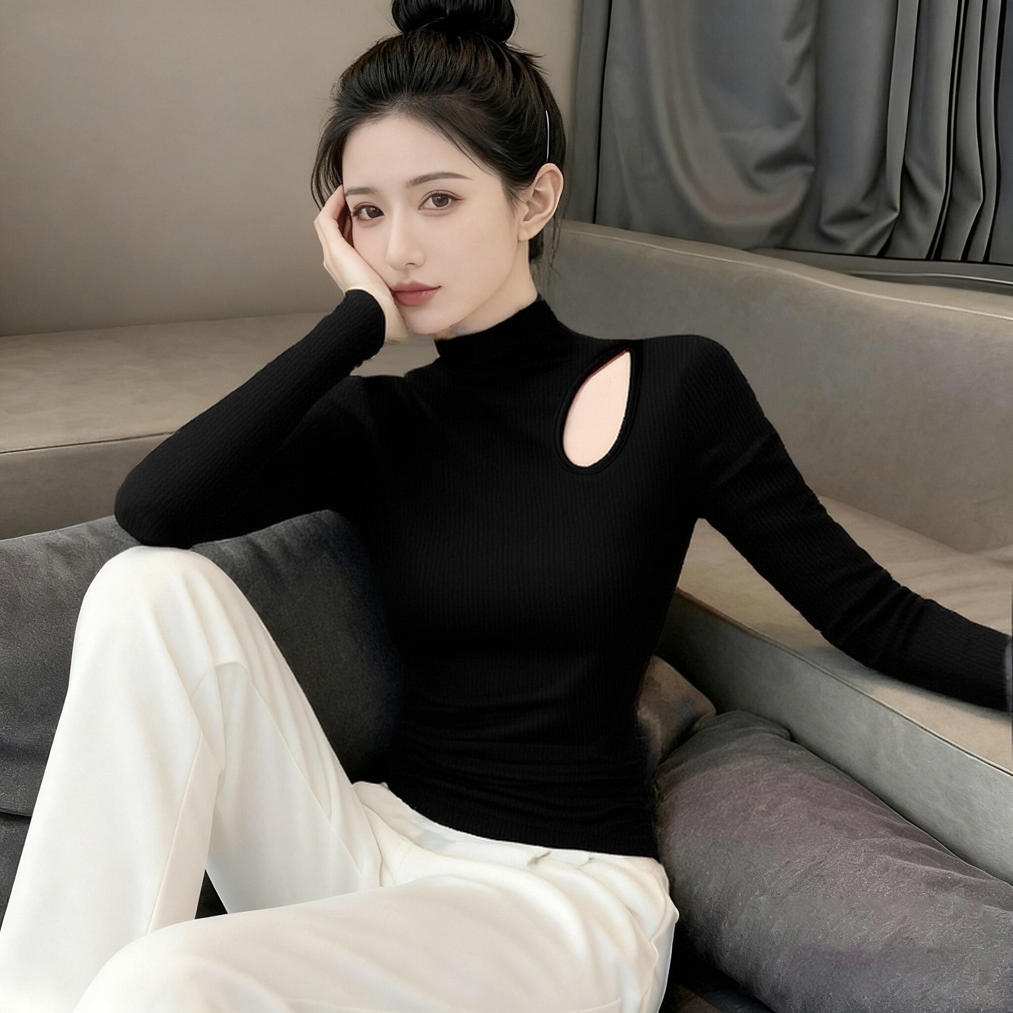 黑色镂空半高领打底衫女内搭2025春秋冬新款洋气长袖T恤螺纹上衣