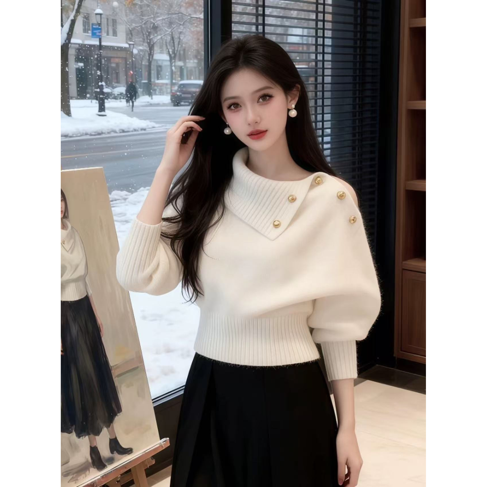 时尚轻熟风翻领泡泡袖毛衣女装2025秋冬新款洋气氛围感针织衫上衣