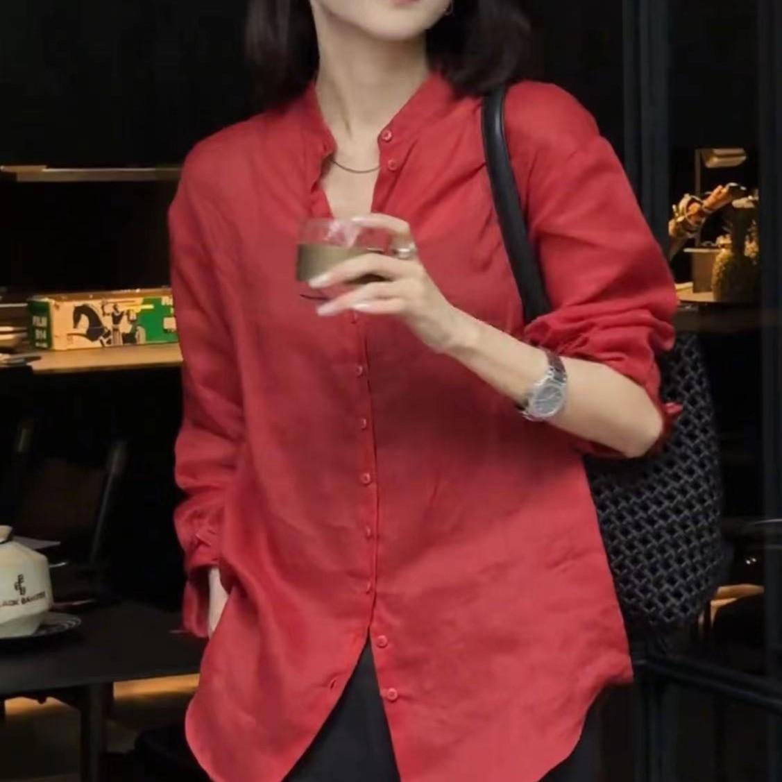 红色立领长袖衬衫新款夏季法式薄款防晒女生韩系ins衣服显瘦百搭