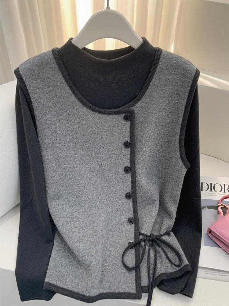 美拉德灰色打底衫女秋装短款内搭毛衣miu里小个子马甲上衣两件套