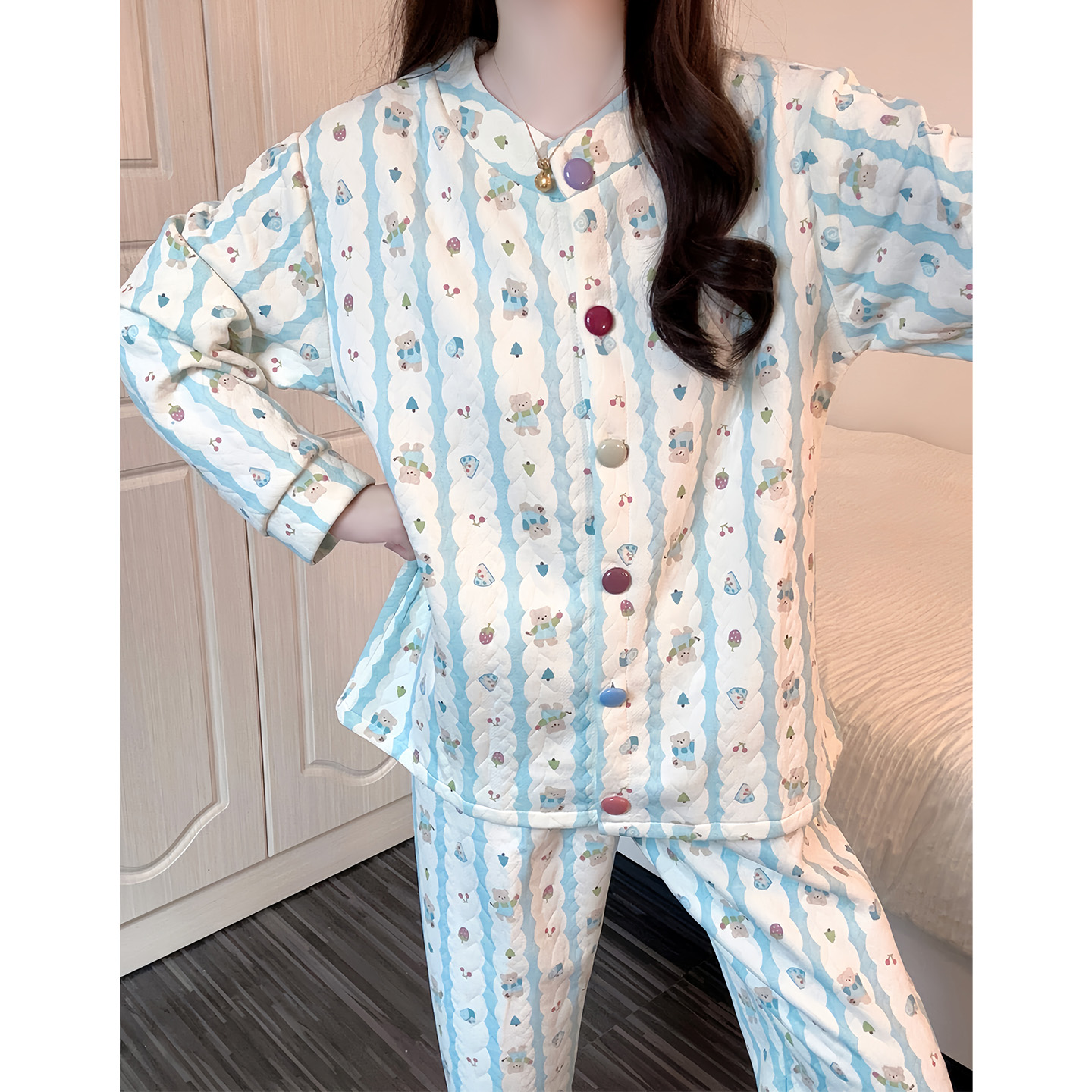空气棉睡衣女秋冬季可爱小熊开衫少女夹层套装2025新款保暖家居服