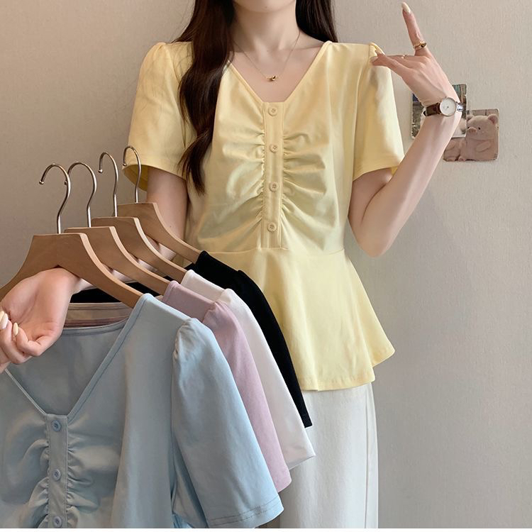 【玲姐专属】大码女夏装新款时尚v领拼接荷叶边胖mm显瘦别致短袖T恤