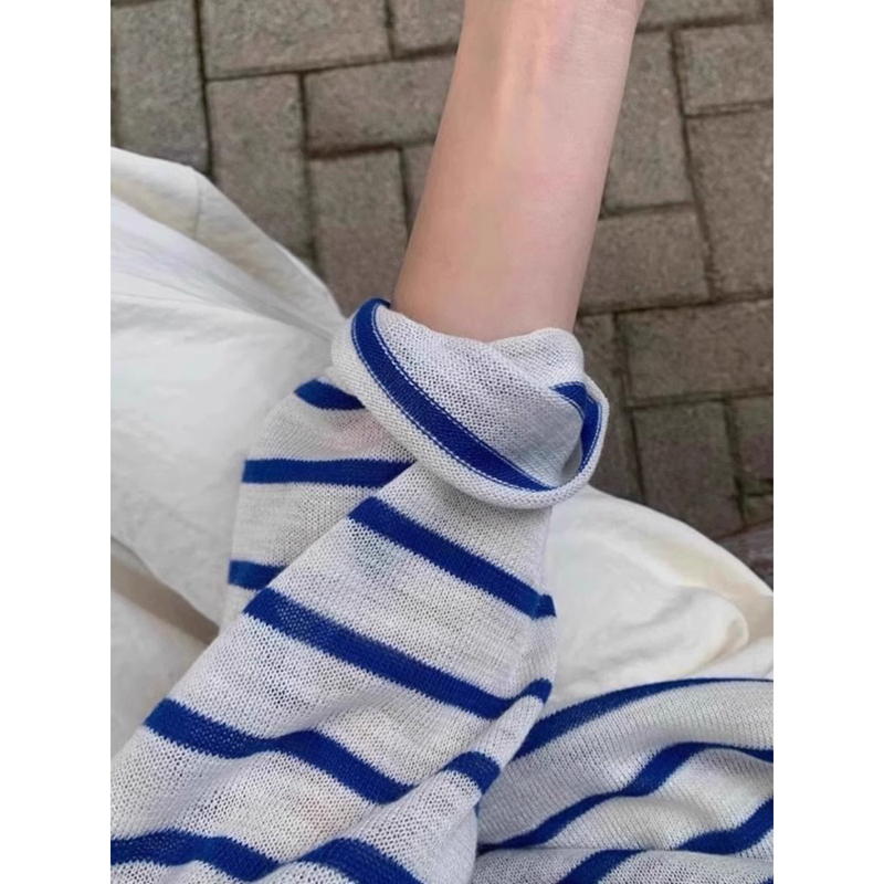 韩版蓝色条纹冰丝防晒罩衫女夏季薄款宽松空调衫针织长袖T恤上衣