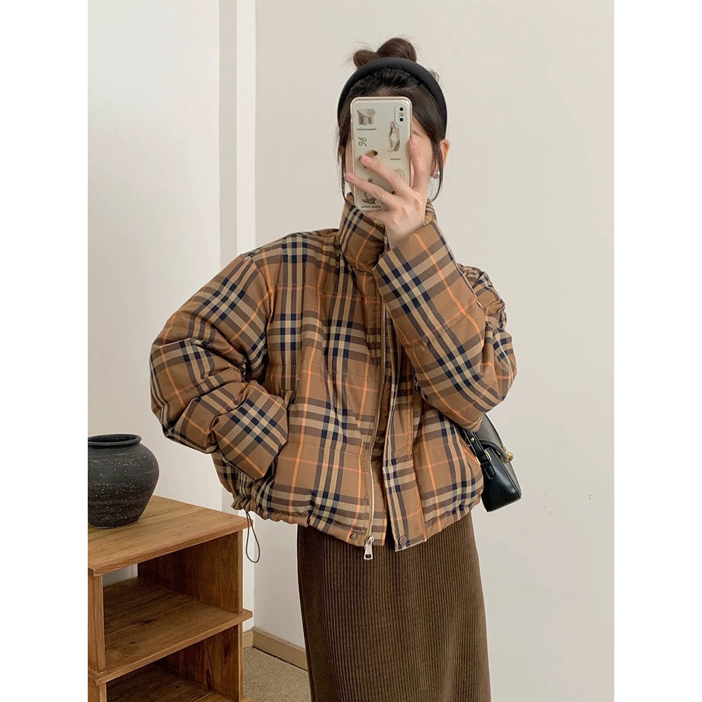 白鸭绒格子短款真羽绒服女秋冬小个子面包服加厚经典外套加厚保暖