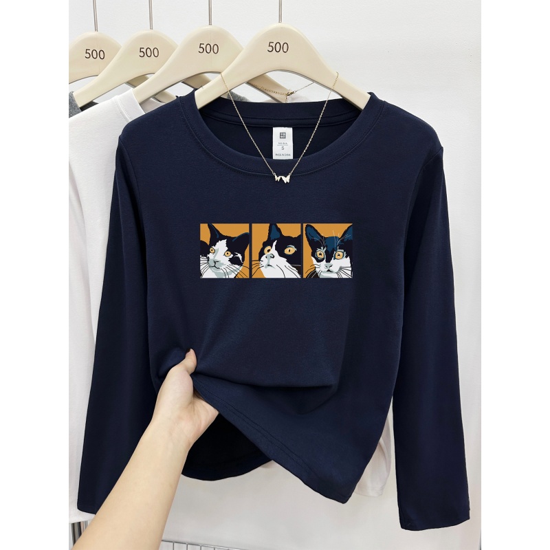 猫咪印花大码正肩长袖t恤女秋冬季胖mm显瘦时尚圆领打底衫上衣潮