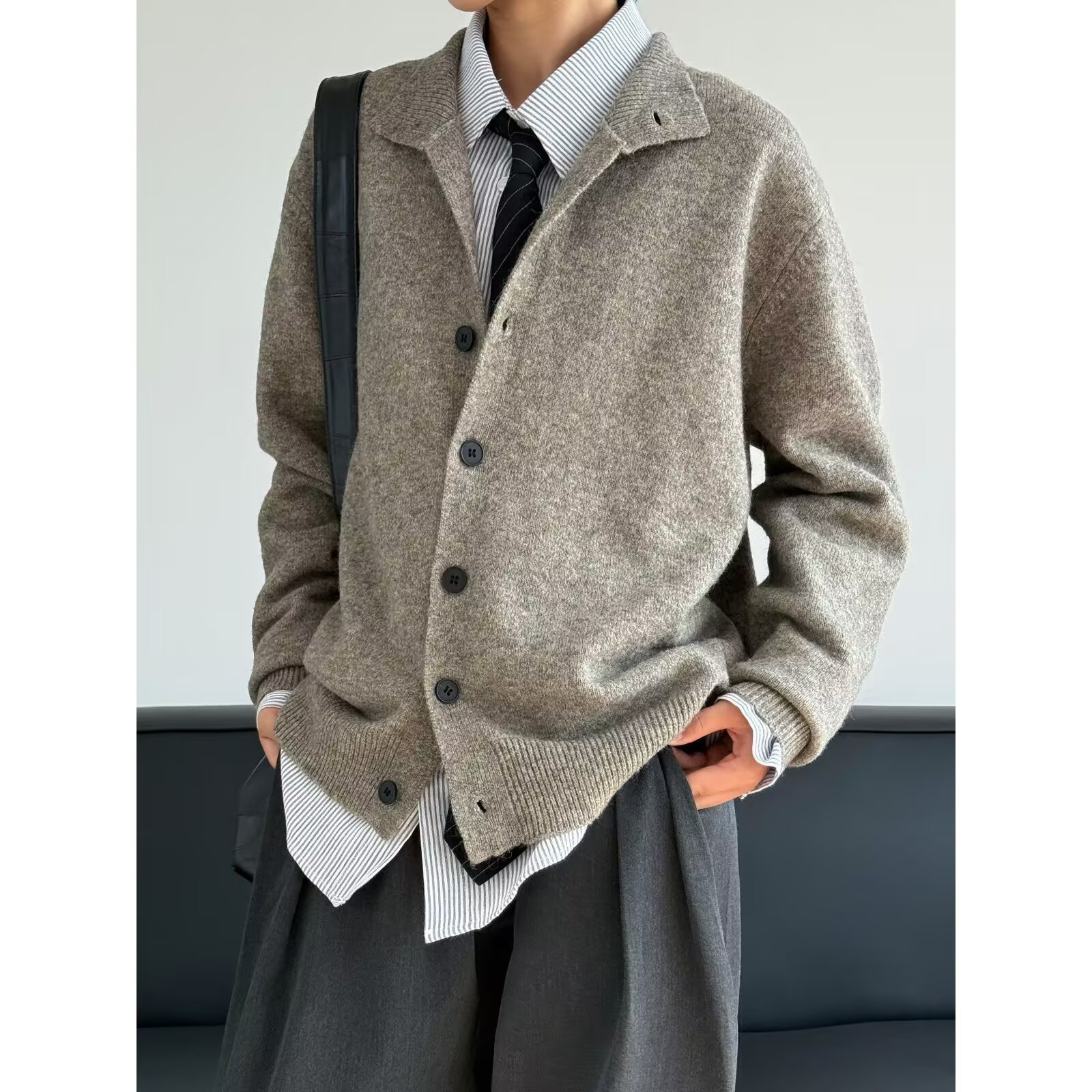 美式复古半高领针织开衫毛衣男款秋冬季新款潮牌宽松百搭休闲外套