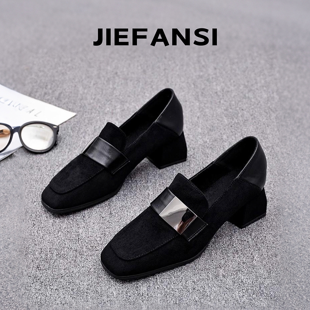 黑色百搭高跟鞋女2025春秋季新款亮片女鞋方头复古磨砂皮粗跟单鞋