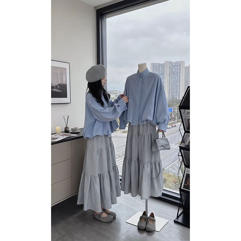 parkyeon氛围感清冷两穿式格纹拼接花苞外套女韩版A字蛋糕裙套装