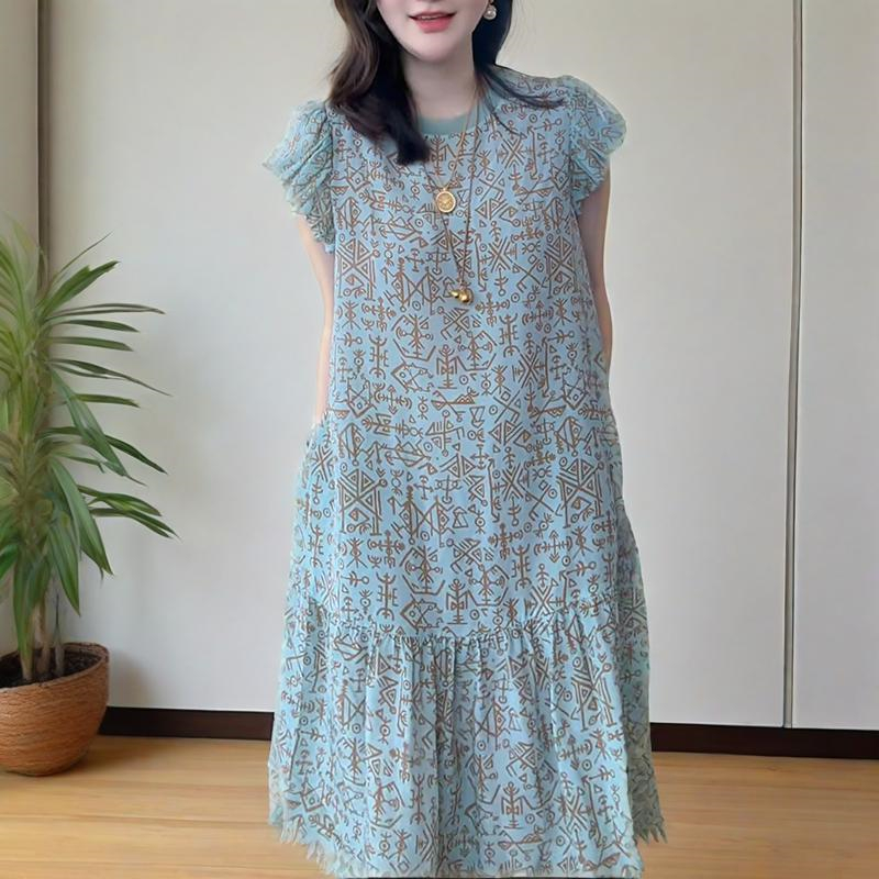 法式复古轻奢连衣裙女2025新款流行爆款宽松百搭气质短袖A字裙潮