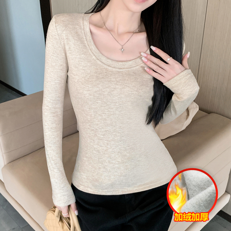 【摇粒绒 有运险】加绒加厚长袖t恤女U领修身正肩内搭打底衫百搭