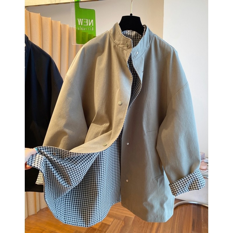 5180高级感两面穿中长款风衣外套女今年新款时尚宽松立领格子大衣