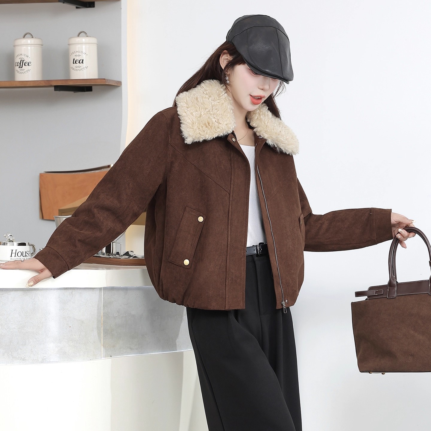 拉夏贝尔麂皮绒大毛领加厚外套女士秋冬2025新款气质百搭保暖上衣