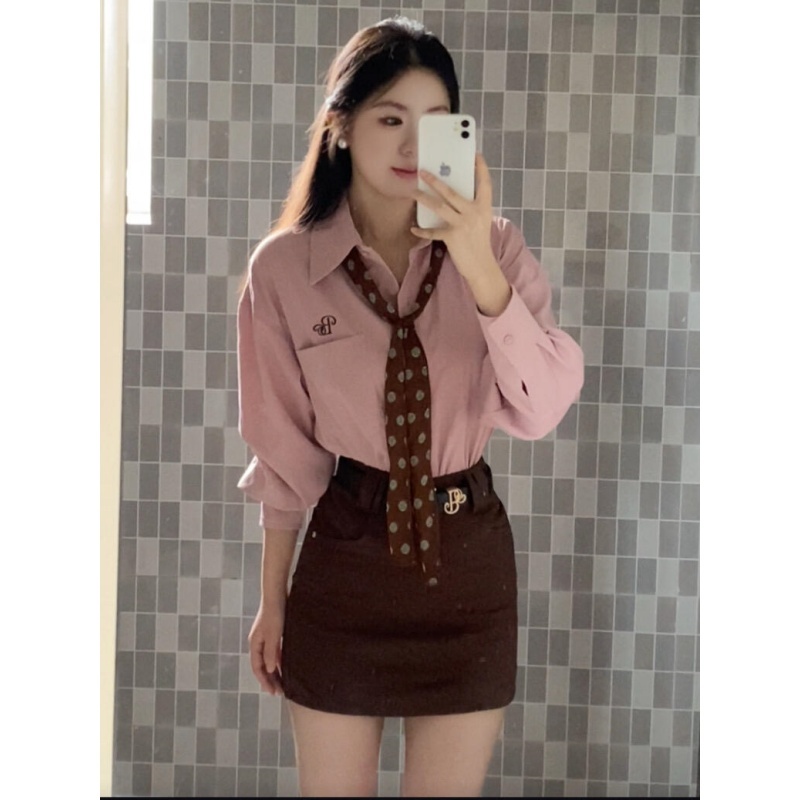 MARIE.COCO韩系学院风粉色衬衫女搭配包臀A字裙秋季新款时尚套装