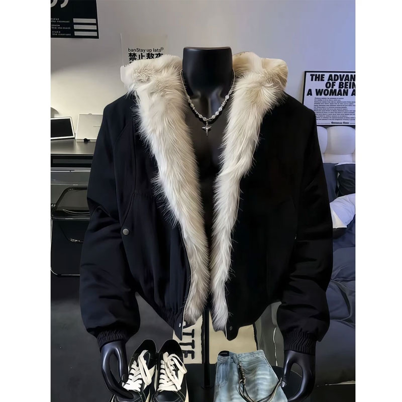 黑色座山雕毛领连帽棉衣男秋冬美式cleanfit短款加绒加厚上衣外套