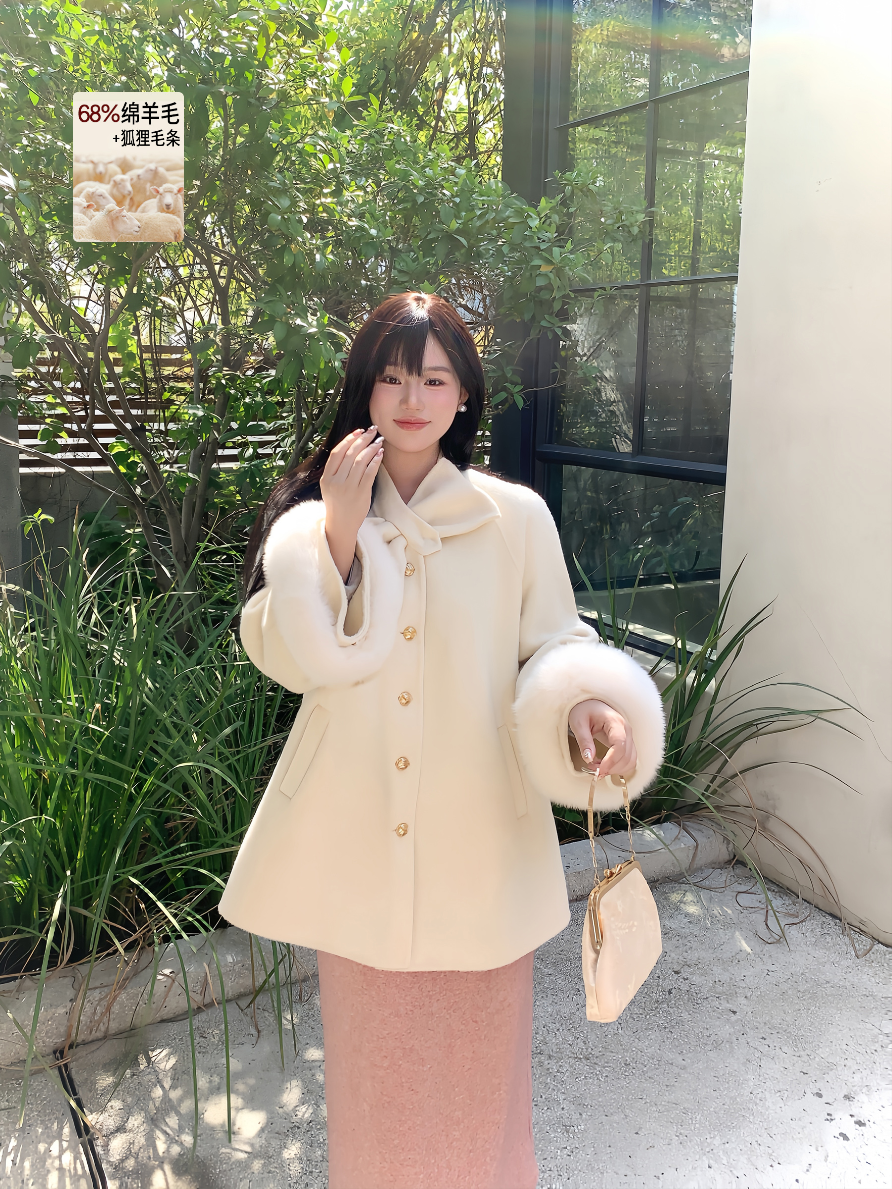 月半鱼【珍珠之吻】冬高级感绵羊毛百搭狐狸毛外套女加厚保暖大衣