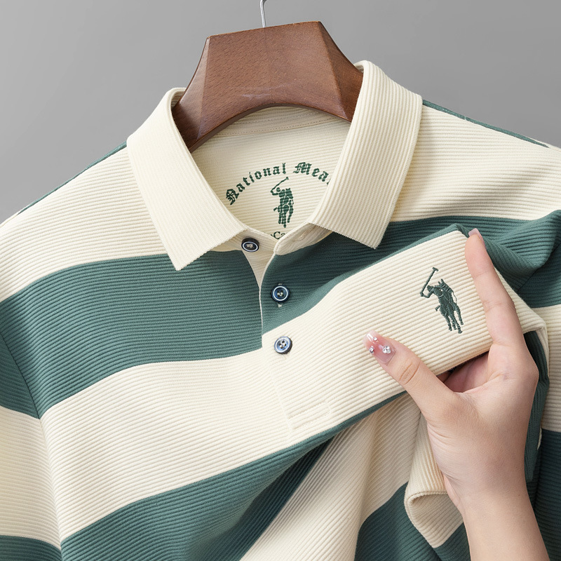 POLO衫条纹T恤翻领简约中年亲肤T小马标长袖健康春秋商务舒适男士