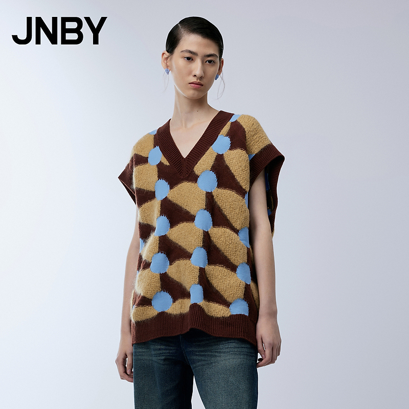 JNBY/江南布衣撞色V领休闲印花通勤针织衫背心女5N1311790