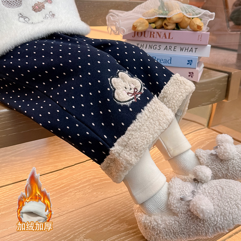 女童加绒假两件裤子秋冬装儿童一体绒加厚阔腿裤女宝宝休闲裤子潮