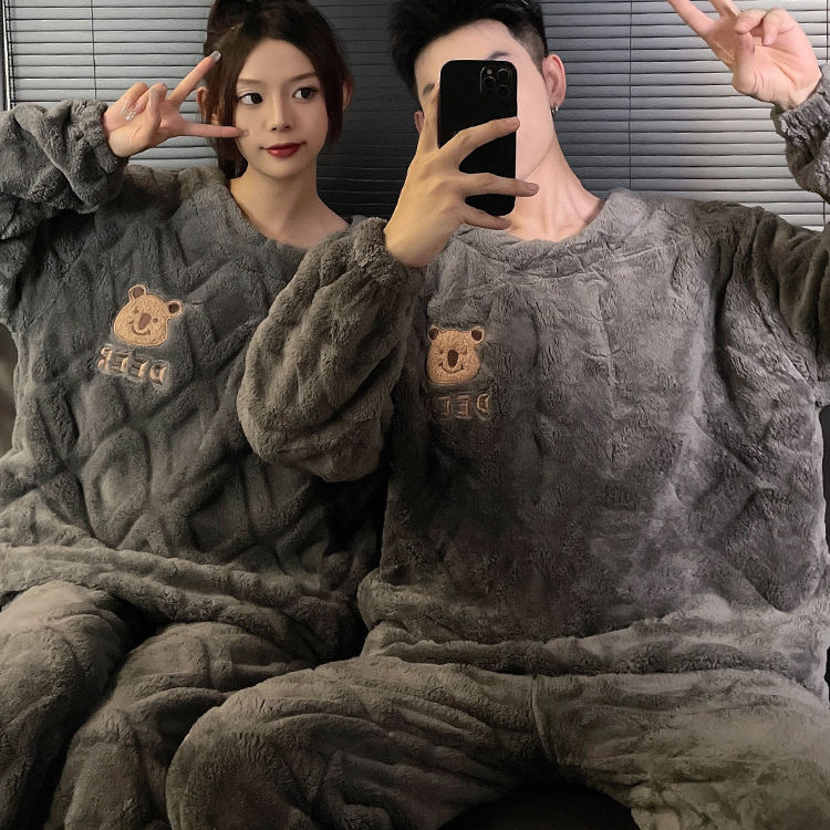 圆领灰色小熊珊瑚绒加绒加厚睡衣秋冬季情侣爆款2025新款家居服