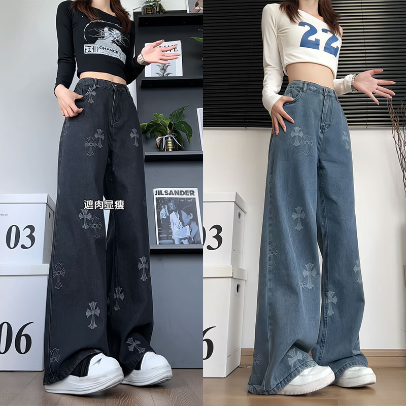 高街刺绣牛仔裤男女同款秋季直筒宽松设计感百搭韩版显瘦休闲长裤