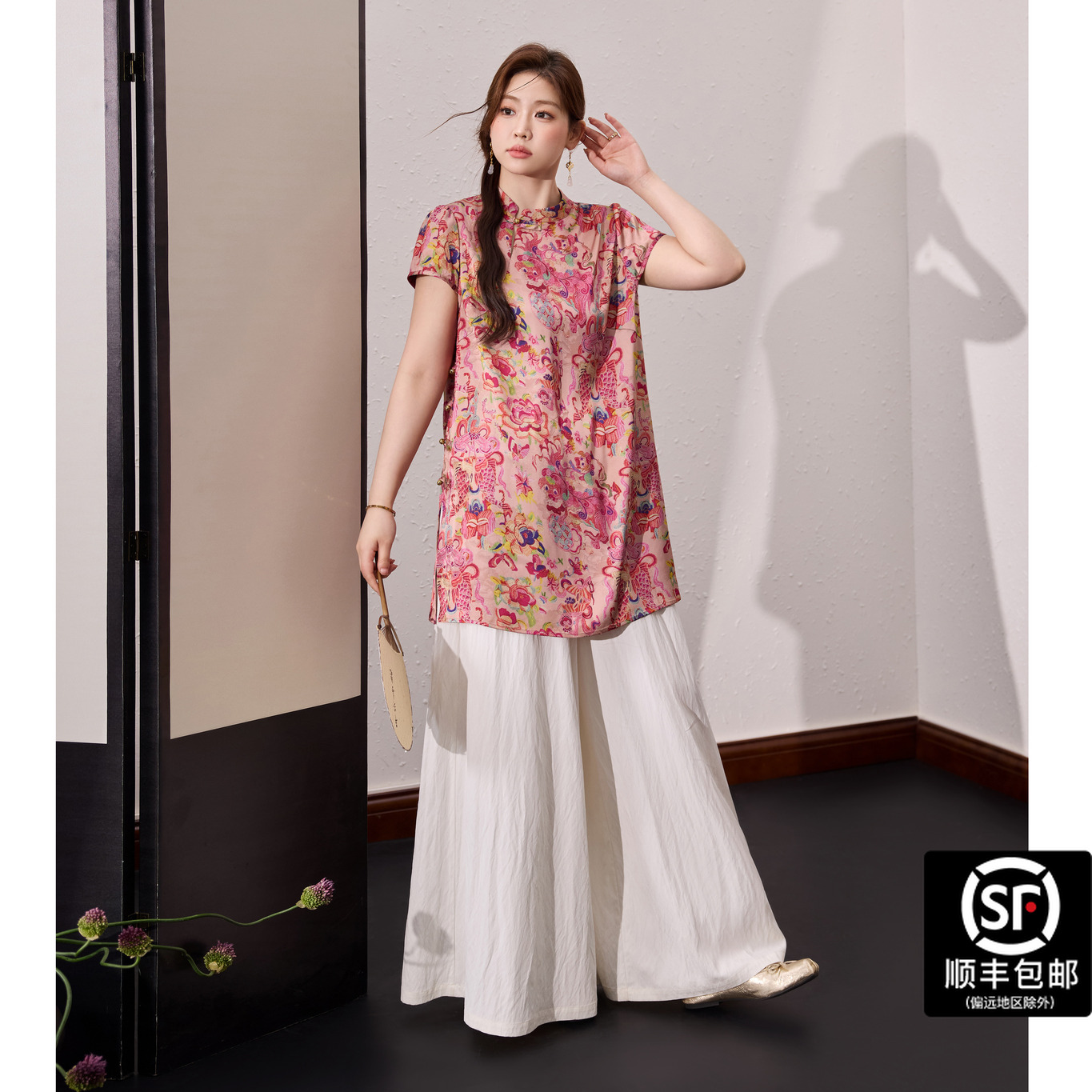 蓝语大码女装新中式印花改良旗袍梨型身材裤裙夏季显瘦套装10490